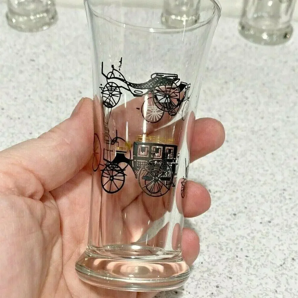 Vintage Juice Glasses Set (5) Retro Clear Glass & Black Gold Roosters Carriages
